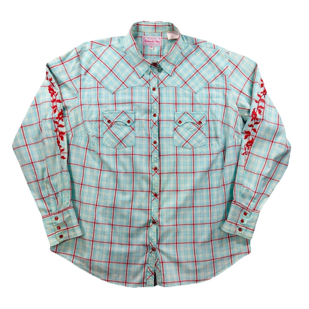 Panhandle Slim Western Shirt Women 1X Blue Plaid Lurex Rhinestone‎ Embroidery